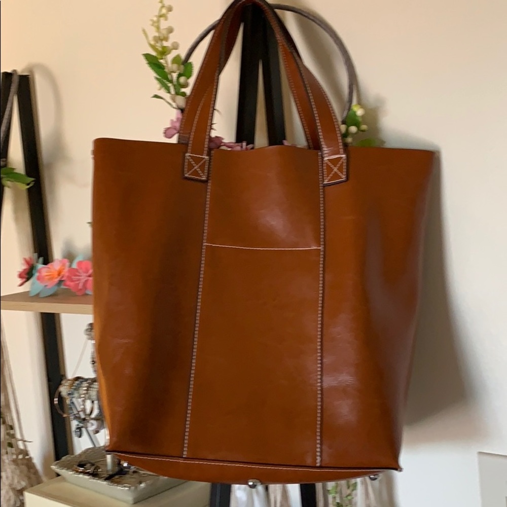 Rich brown real leather tote